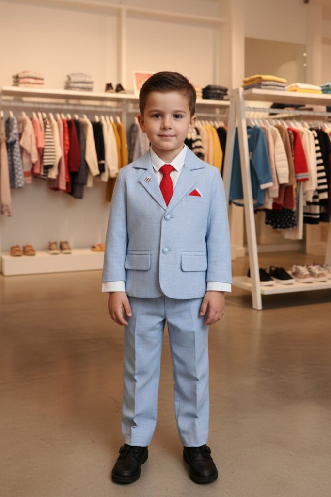 a front view realistic 1 to 6 years old boy model wearing the light blue suit with red tie and pocke